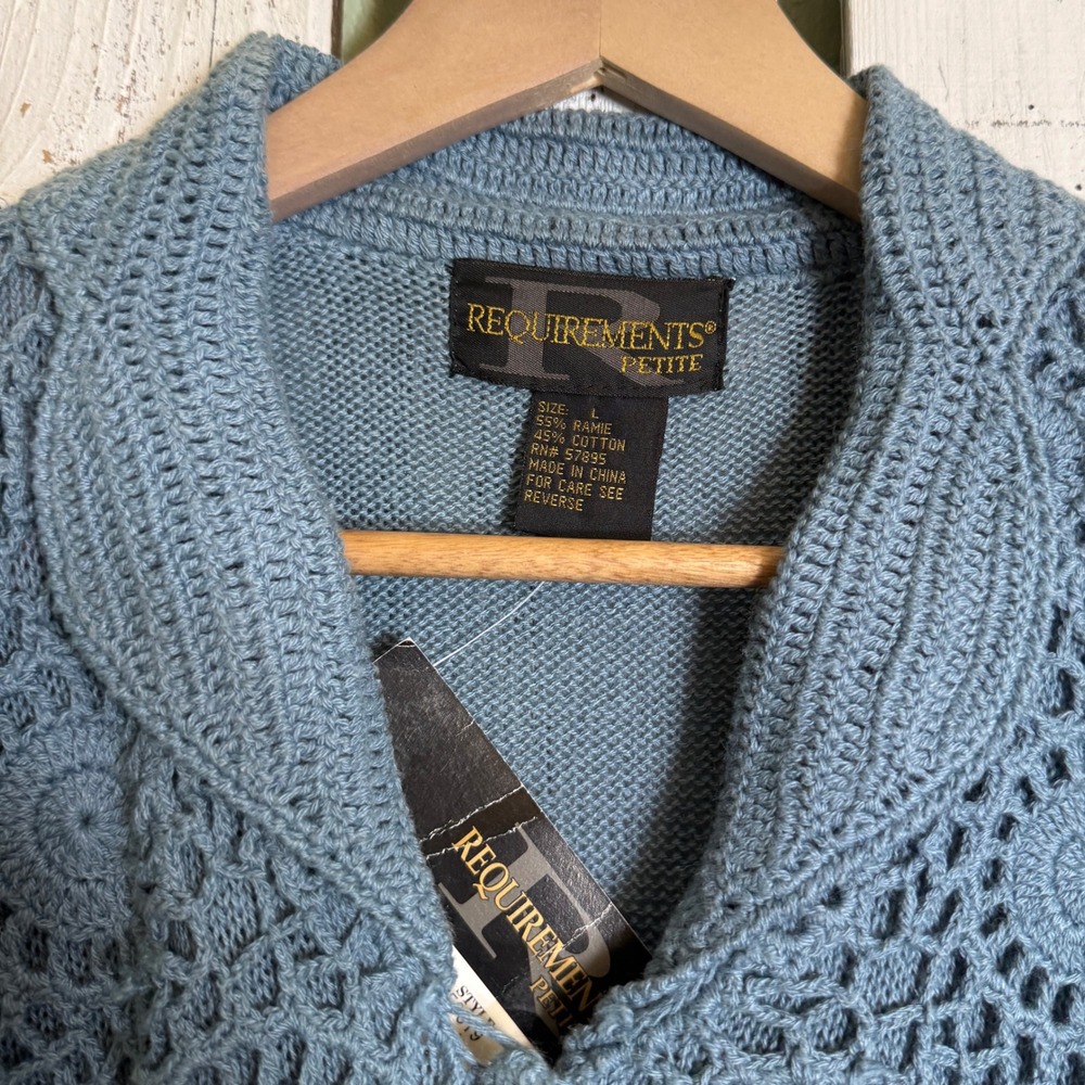 VTG Requirements Petite Blue Crochet Short Sleeve Cardigan Sz L Sweater Boho NWT - Picture 6 of 11